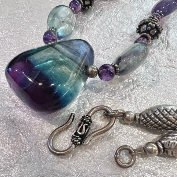 Natural Fluorite 925 Sterling silver Necklace. Large Tri-color Fluorite Pendant - Picture 11 of 15